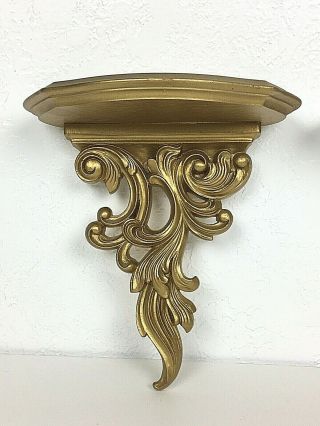 Vintage Syroco Wood Sconce Shelf Hanging Wall Mounted Gold Tone Scroll Base Rare
