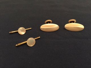 Set Of Antique Victorian Mother - Of - Pearl Cuff Links And Matching Shirt Studs