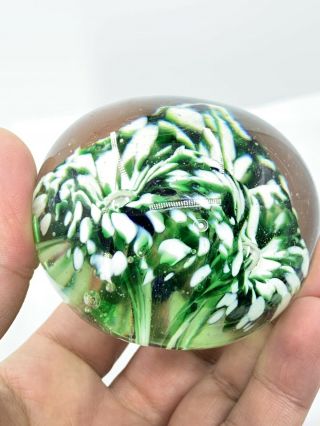 Antique Vintage Green Flower Glass Ball Paperweight - Handblown