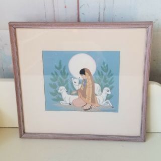 Vintage Harrison Begay Navajo Print Girl With Lambs Matted Framed 10 " X 10 "
