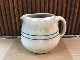 Vintage Stoneware Pitcher Pottery Crock With Blue Stripes Primitive