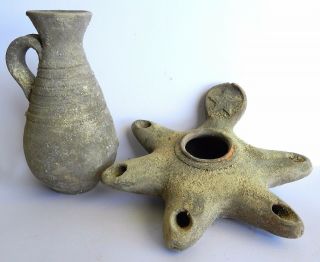 Biblical Ancient Herodian Roman Clay Pottery Pitcher Jug Oil Lamp 5 Wicks W Star