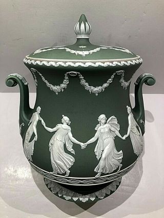C.  1906 Wedgwood Jasperware Dark/olive Sage Green " Dancing Hours " Ftd Vase Rare