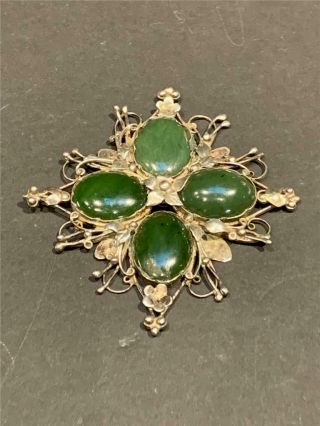 Antique Large Victorian Silver And Jade Pendant