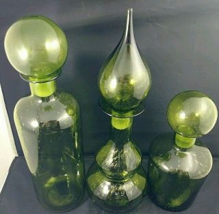 Set Of 3 : Green Glass Decanters With Stoppers : Vintage :