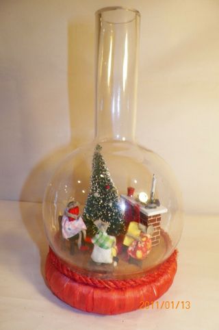 Vintage Miniature Mouse Family And Christmas Tree Presents Glass Dome Bottle