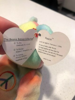 1996 Ty Beanie Baby,  Peace Retired and rare Beanie,  still with tags 4