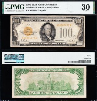 Awesome Rare Choice Crisp Vf,  1928 $100 Gold Certificate Pmg 30