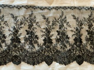 Antique French Hand Made Silk Chantilly Lace - Garlands Of Flowers 66cm,  70 By 24