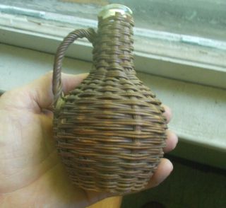 Antique Wicker Covered Glass Liquor Bottle 5 3/8 " Tall Round Ovoid Shape