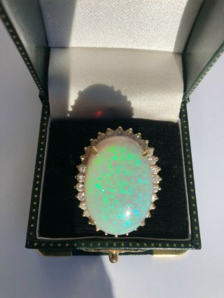 Rarely Worn 14 Karat Gold Green Fire Opal Ring With Diamond Surround