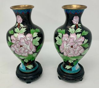 Vintage Pair Chinese Cloisonne Tall Vases With Stands Black W/ Pink Peony