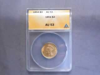 1854 P $3 Gold Indian Princess Head | Anacs Au53 | Rare First Year Issue