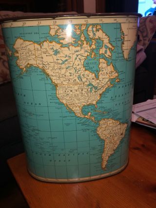 Vintage Rand Mcnally " Map Of The World " Trash Can / Wastebasket Weibro Chicago