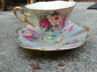 A,  Vintage Royal Seeley China Cabinet Tea Cup & Saucer Aqua Blue Gold Scalloped