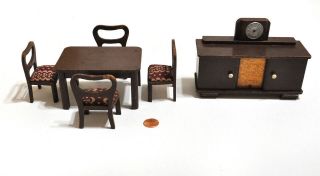 Handmade Vintage Wooden Dollhouse Miniature Furniture Dining Room Set W/ Buffet