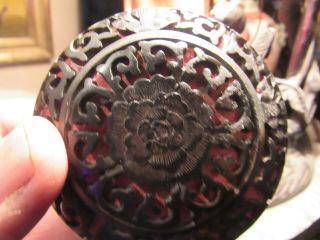Antique Chinese Black/ Red Lacquered Carved Cinnabar Chrysanthemum Paste Pot