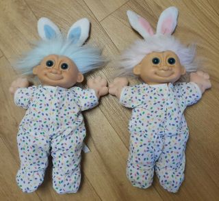 2 Russ Easter Bunny Trolls Jelly Bean Footie Pajamas Rabbit Ears Boy & Girl