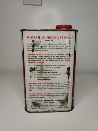 Vintage 1950 ' s SINCLAIR Outboard Special Motor Oil Quart Can Tin Dino RARE 3