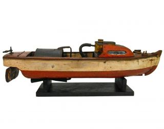 Rare Early 20th C American Vint Pntd Wooden Model Steamboat Pond Yacht,  W/stand
