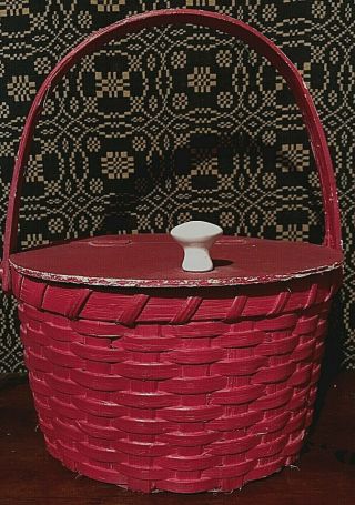 Antique Vintage Primitive Red Round Basket Handle Porcelain Knob Red Paint Aafa