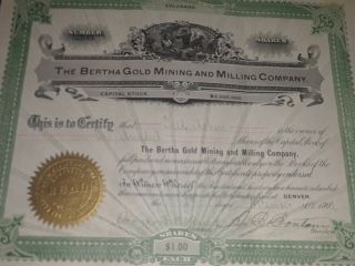 1901 The Bertha Gold Mining And Milling Company Colorado Stock Rare