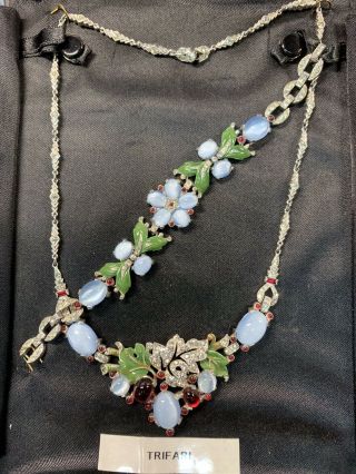 Rare Enamel Trifari Necklace & Bracelet - Blue - Ruby - Clear Stones 1940s (j631)