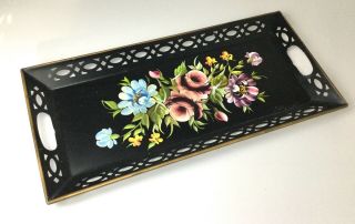 Vintage Antique Large Hand Painted Floral Toleware Tray - 22 X 10”