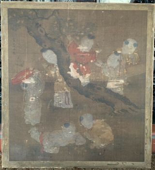 Rare Antique Chinese Painting On Silk Signed Boys Playing At Fruit Tree