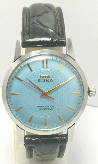 Vintage India Made Hmt Sona Hand Winding 17j Blue Dial Wrist Watch Men 