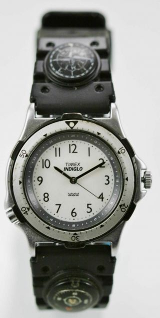 Timex Watch Mens Stainless Silver Steel Black Plastic Water Resist White Quartz