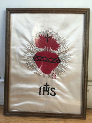 Antique Sacred Heart Of Jesus Embroidery On Silk Crewel Work Catholic Religious