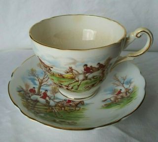 Regency Bone China Teacup & Saucer Men On Horses W/ Hunting Dogs Made In England
