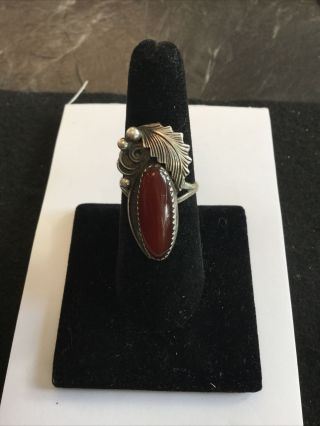 Antique Vintage Navajo Indian Sterling Silver Coral Ring Signed La