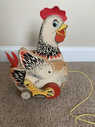 Vintage Fisher Price The Cackling Hen Antique Wooden Pull Toy 120 Made In Usa