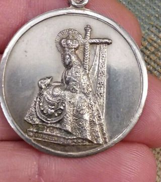 Large Antique Spanish Our Lady Of Monteserrat Sterling 800 Silver Medal Heart