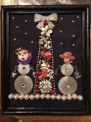 Red Hat Society 3d Framed Christmas Wall Art,  Made From Vintage Jewelry