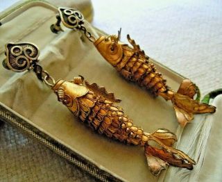 Antique Chinese,  3 " Koi Fish Detailed Gold Gilt Dangling Drop Earrings