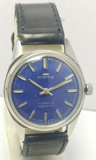 Vintage Swiss Made Fortis Hand Winding 17j Blue Dial Wrist Watch Men 