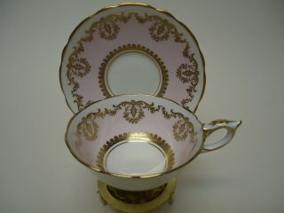 Vintage Royal Stafford Gorgeous Pink & Gold Pedestal Tea Cup Saucer Set 8738