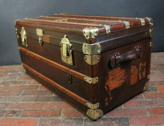 Antique Rare Leather French Steamer Trunk Brass Fittings