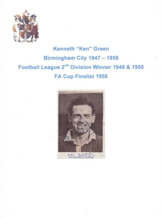 Ken Green Birmingham City 1947 - 1959 Rare Hand Signed Picture Cutting