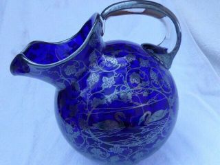 Rare Cambridge Cobalt Ball Jug With Depasse Pearsall Sterling Silver Overlay