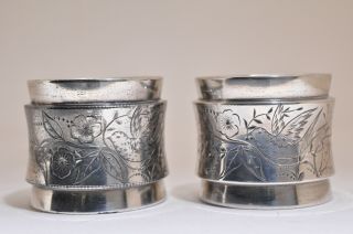 Vintage Pair Silver Plate Napkin Rings Birds Floral