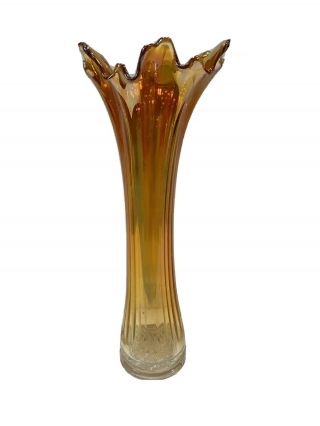 Antique Imperial Amber Marigold Iridescent Ribbed Carnival Glass Fluted Vase 12”