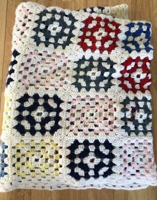 Vintage Granny Square Afghan Crochet Blanket Throw Multicolor Handmade FLAW 3