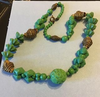 Antique Deco Molded Green & Gold Puzzle Glass Bead German Signed Necklace