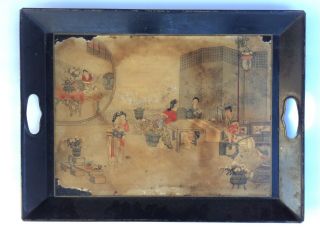 Rare Antique Chinese Qing Dynasty Watercolor Painting Paper On Tray.
