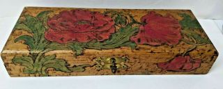 Antique Flemish Art Pyrography Poppies Wooden Water Color Paint Box Circa 1900