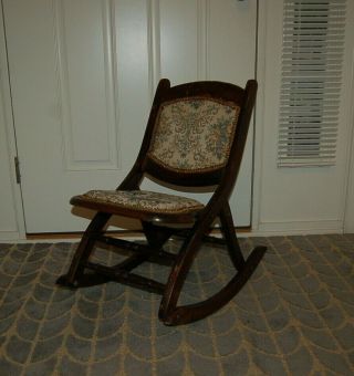 Vintage Childs Folding Rocking Chair Floral Tapestry Solid Wood.  Upholstered